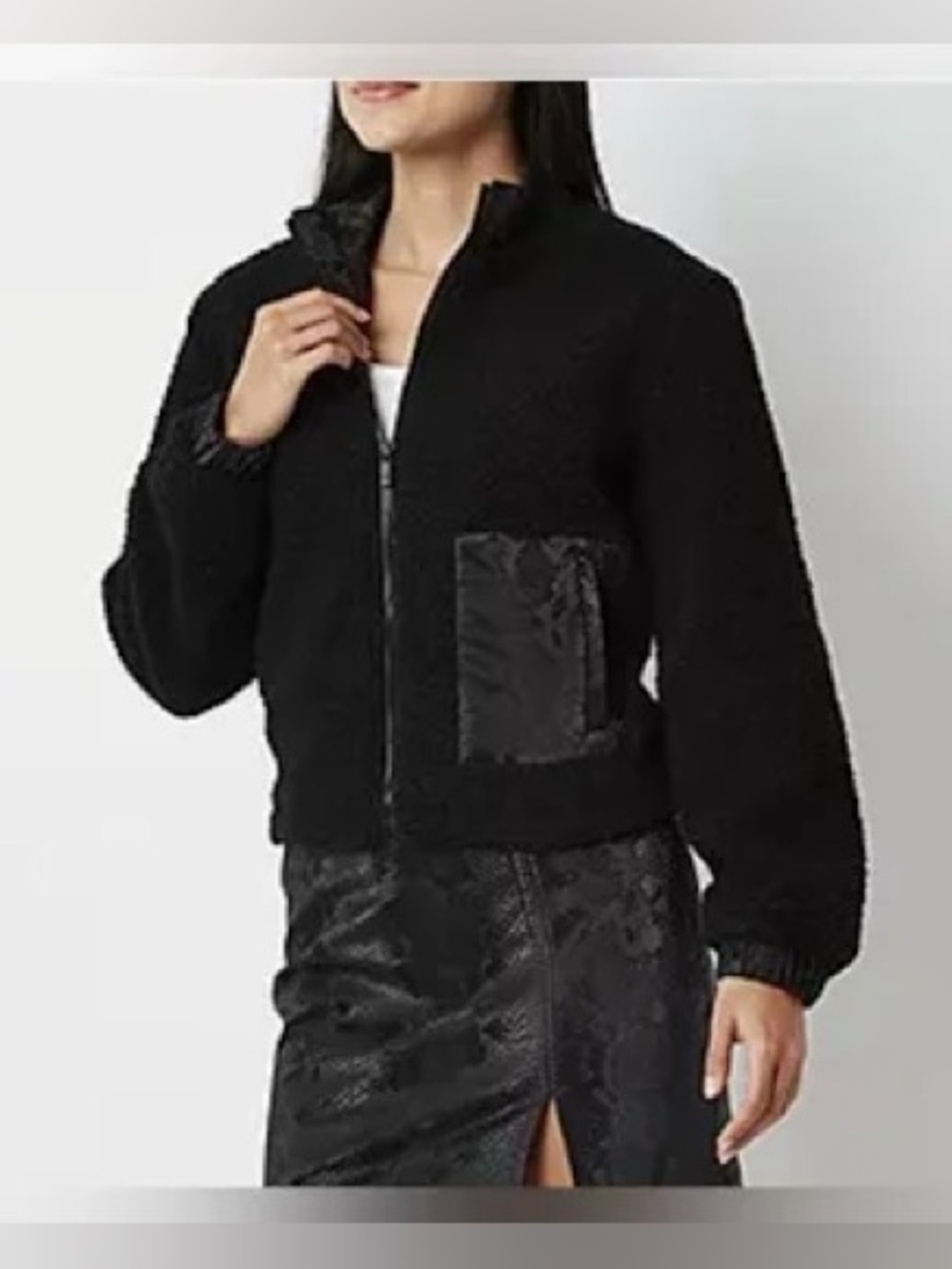 Juicy Couture Black Sherpa Bomber Jacket with Snakeskin Accent